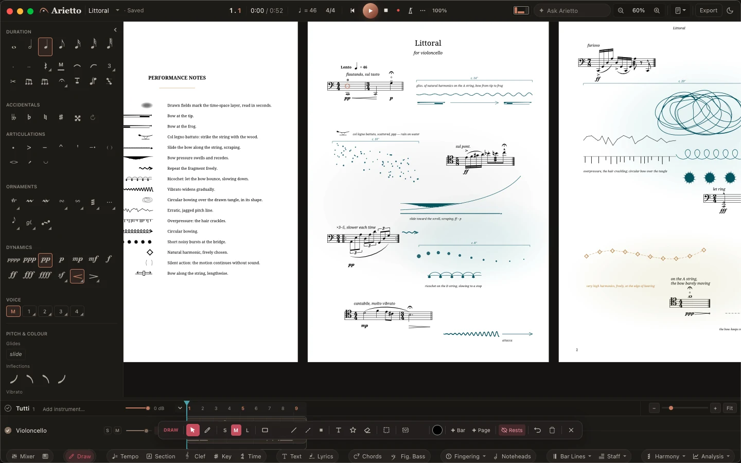 Arietto: Measured, free and drawn, on one page