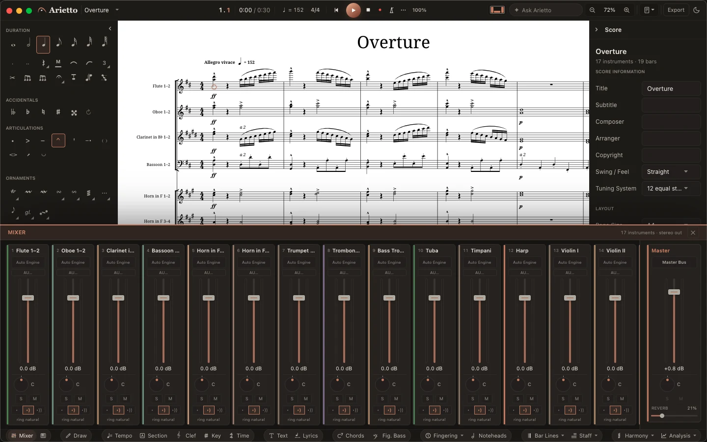 Arietto's mixer: a channel for every instrument with volume, pan, solo and mute, and a master channel with a hall.
