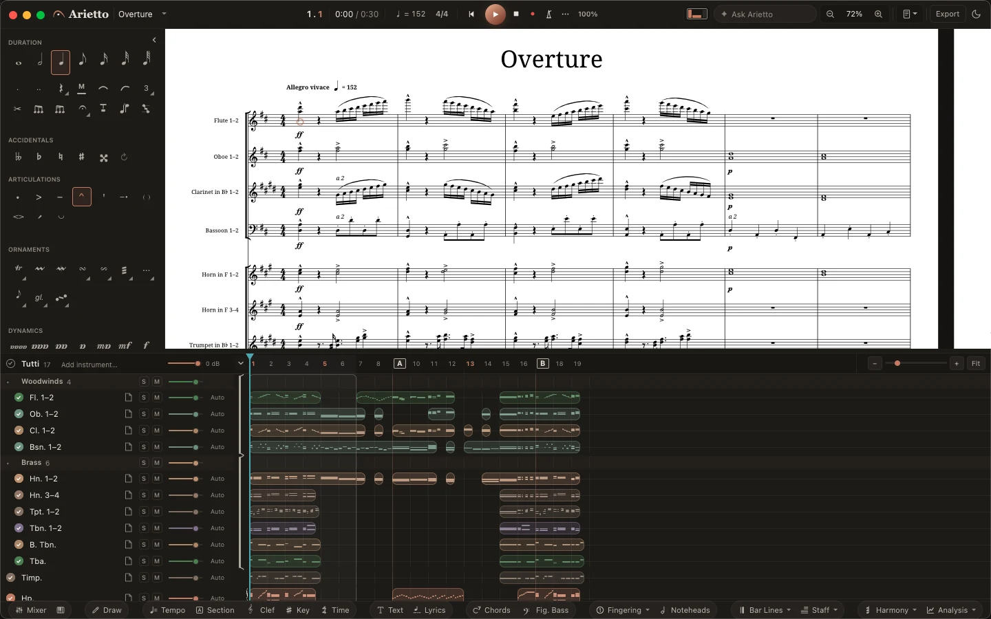 Arietto with an overture for full orchestra: the palette on the left, the engraved page in the middle, a track for every instrument below.